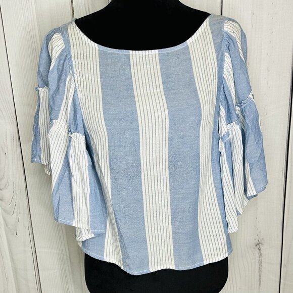 AMERICAN EAGLE Womens Sz S Blue White Striped Chambray Top Bell Sleeves Cropped - Picture 1 of 8